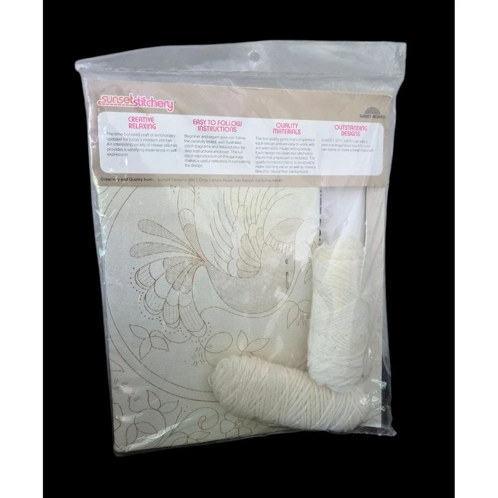 Vintage Sunset Stitchery Embroidery Kit #2950 White Dove Pillow 100% Wool Yarn